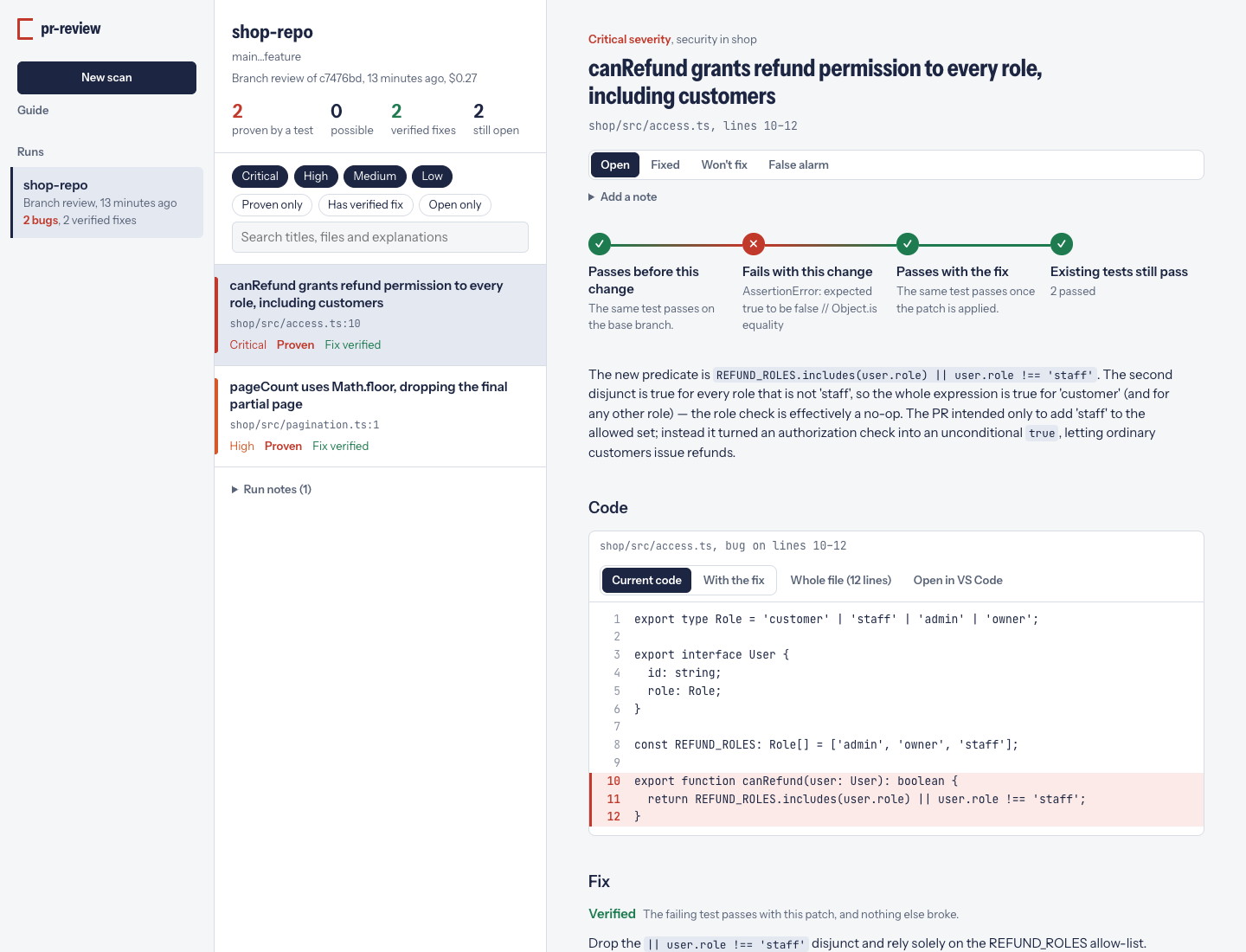 The pr-review dashboard: a list of findings, and a proven bug with its verification trail, the code, and a verified fix.